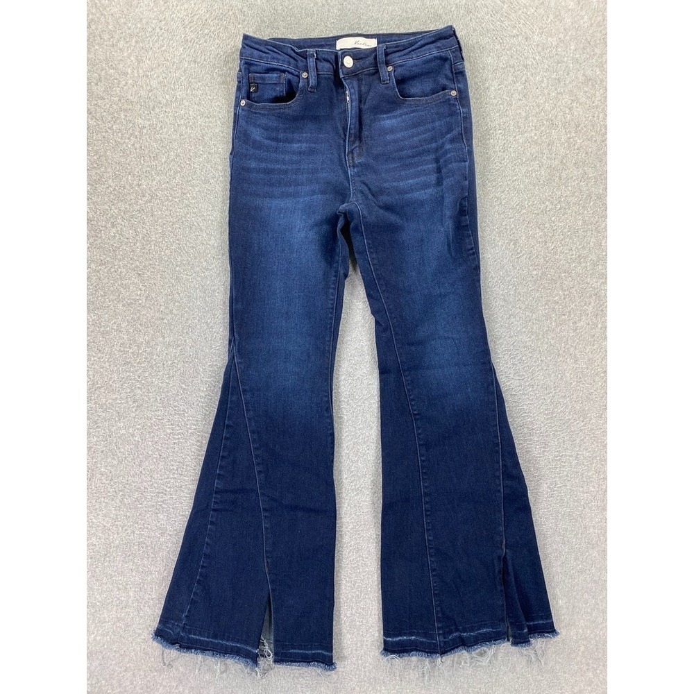 KANCAN Jeans Women 7/27 Blue Estilo Flare Frayed Split Hem Mid-Rise Stretch